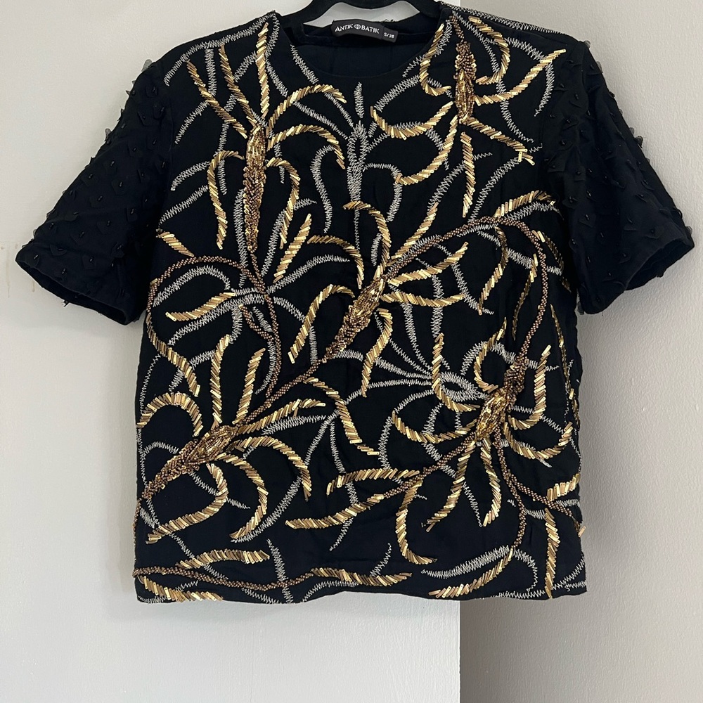 Antik Batik Black Top with Gold Sequined Embroidery
